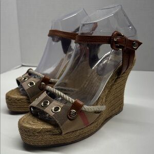 Burberry Espadrilles Open Toe Nova Check Strappy Rope Wedges Sandals Heels 38 8